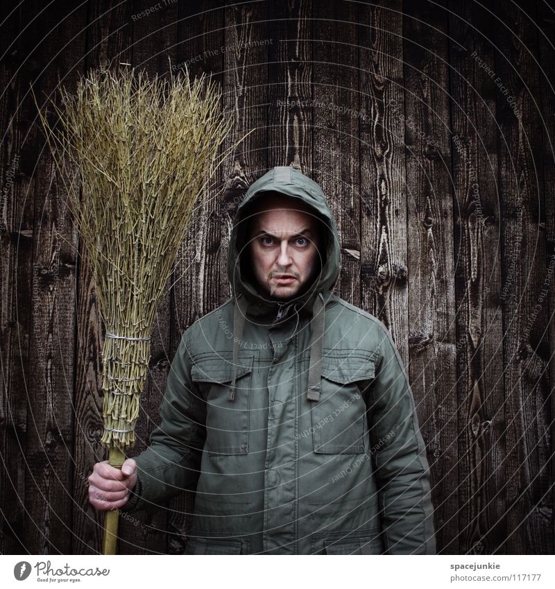 Tomorrow the forest will be swept! Man Portrait photograph Freak Wall (building) Wood Winter Cold Broom Sweep Work and employment Cleaning Evil Ferocious Joy
