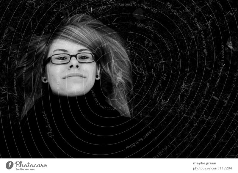 apparent death Black White Woman Scarf Eyeglasses Grass Meadow Part Calm Black & white photo blodded Earring Mouth Nose Eyes jessica Hair and hairstyles Glass