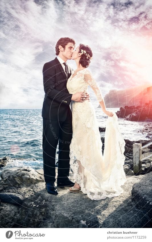 beach wedding Summer Woman Adults Man Partner 2 Human being 30 - 45 years Suit Happy Safety (feeling of) Beautiful Desire Honest Authentic Elegant Kitsch