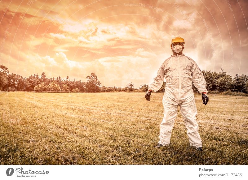 Chemist on a field Science & Research Work and employment Profession Industry Human being Man Adults Nature Clouds Grass Suit Gloves Stand Strong Yellow Safety