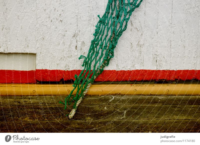 Iceland Navigation Fishing boat Watercraft On board Wood Multicoloured Yellow Green Red Dye Paintwork Fashioned Net Fishing net Fishery Stripe Colour photo