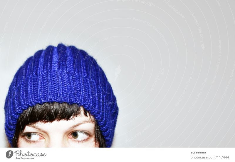 4 Ears Only Woman Portrait photograph Brown Cap Winter Cold Gray Disbelief Knitted Wool Heat Physics Hair and hairstyles Blue Eyes Looking Bangs uh Hat