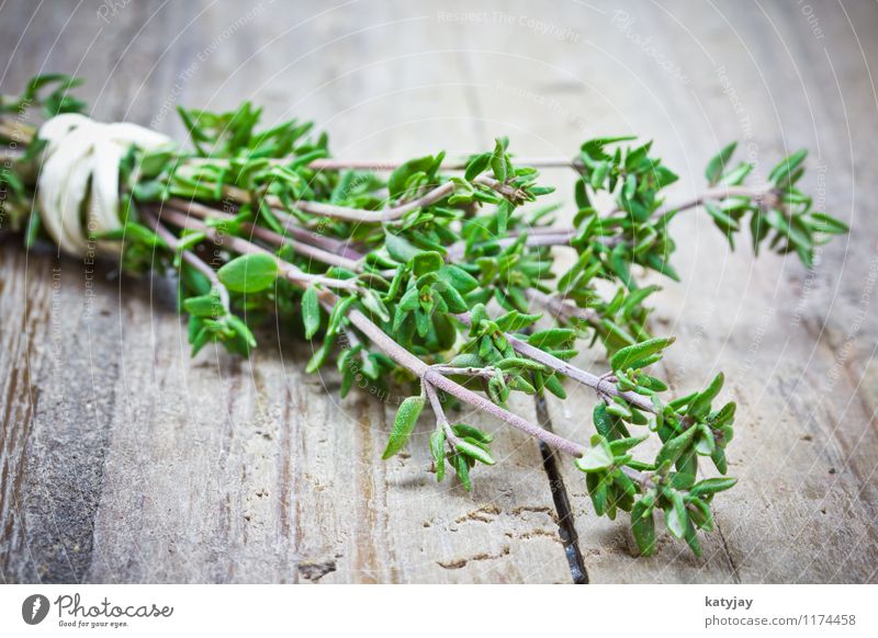 thyme Thyme Bundle Bound Herbs and spices Kitchen Sense of taste Plant Aromatic Healthy Eating Nutrition Near Close-up Twig Fresh Vegetable Vegetarian diet Wood