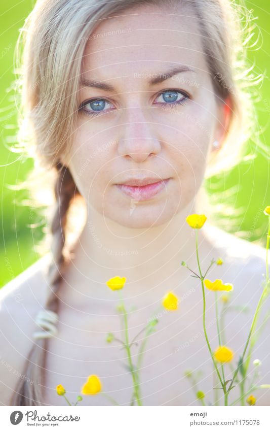 Delicate Feminine Young woman Youth (Young adults) Face 1 Human being 18 - 30 years Adults Plant Summer Flower Marsh marigold Friendliness Beautiful Natural