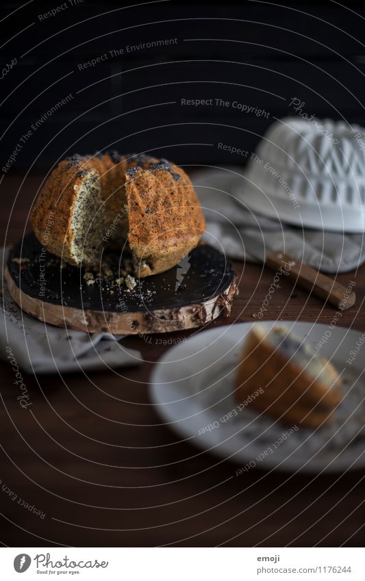 Poppy-seed cake Cake Dessert Candy Gugelhupf Nutrition Slow food Dark Delicious Sweet Colour photo Interior shot Deserted Day Low-key Shallow depth of field