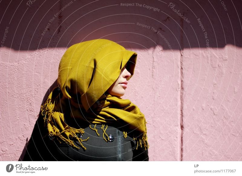 Profile and a scarf Feminine Young woman Youth (Young adults) Face Wall (barrier) Wall (building) Looking Beautiful Uniqueness Retro Warmth Soft Green Pink