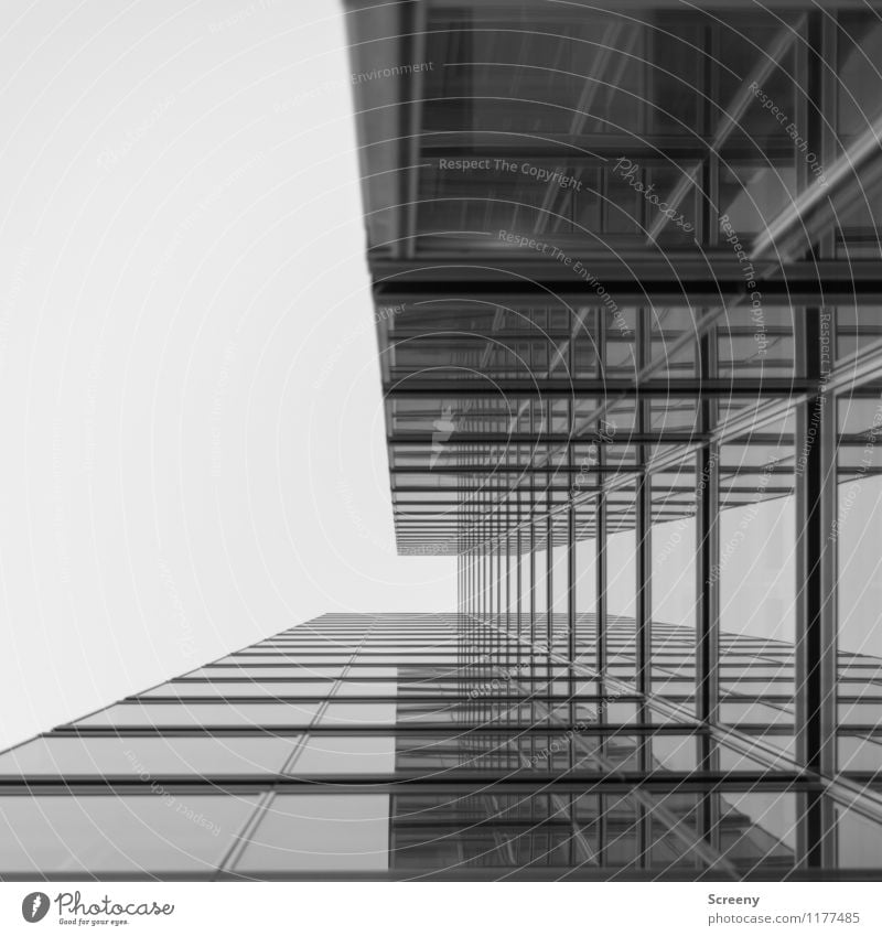 High up #5 Town High-rise Building Architecture Facade Window Glass Metal Tall Growth Black & white photo Exterior shot Deserted Day Reflection