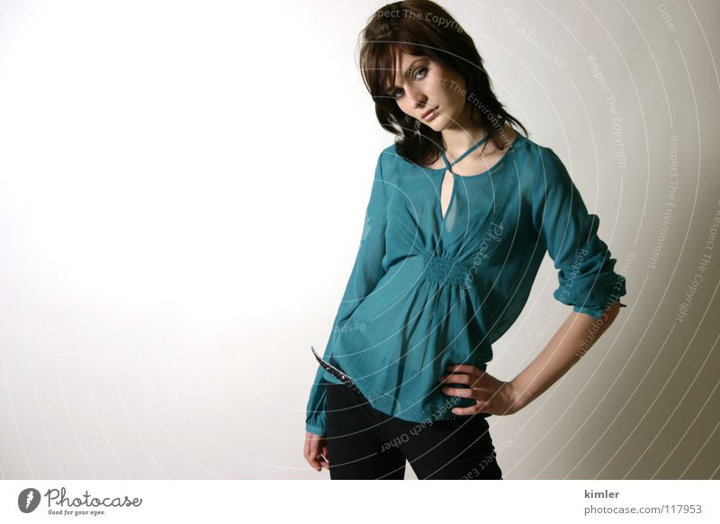 model Turquoise Studio shot Youth (Young adults) Dark hair Woman young model Hand on hip young and cool cool view