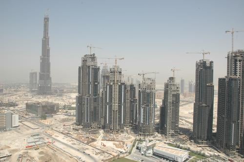 Burj Dubai 001 United Arab Emirates Construction site Crane High-rise Business Bay Sand Morning Desert Escape Tower executive towers Dubai Holding enamel