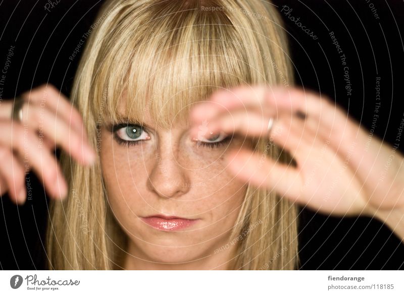 oops Blonde Hand Vantage point Whim Make-up Chin Future Black Woman Eyes Circle Mouth Nose Bangs Looking Perspective Far-off places Hair and hairstyles