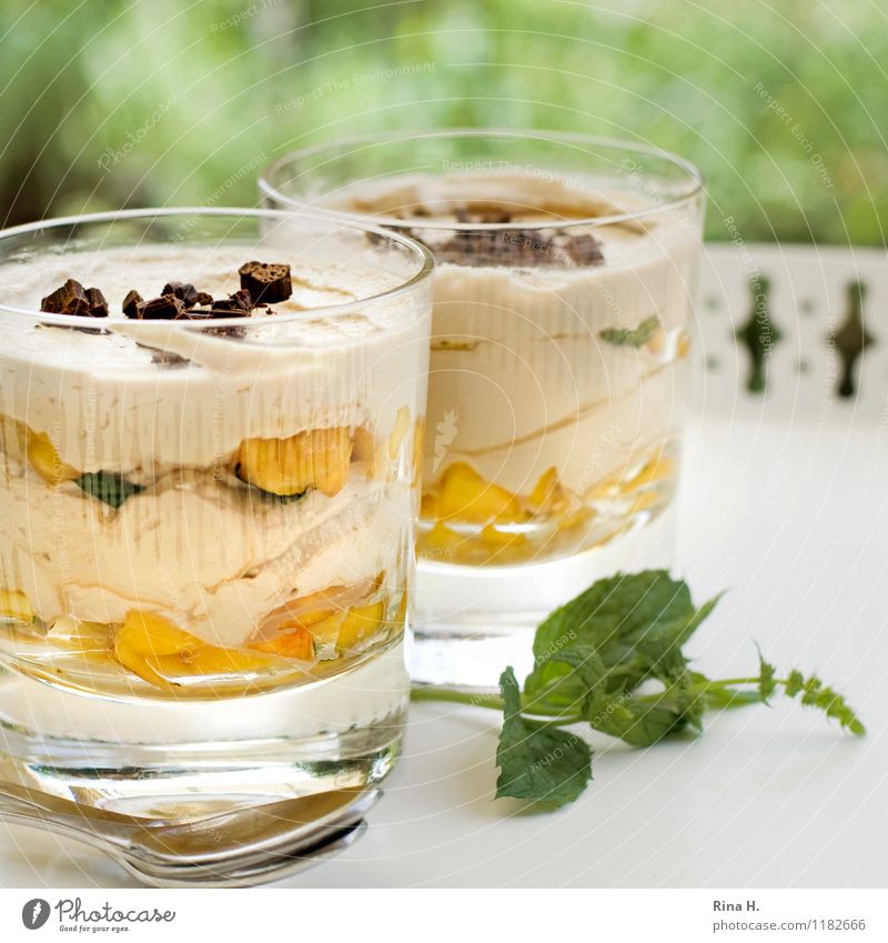 SummerTiramisu Dessert Nutrition Glass Spoon Beautiful weather Delicious Sweet Joie de vivre (Vitality) To enjoy Fruity Tray Exterior shot Mint Mango