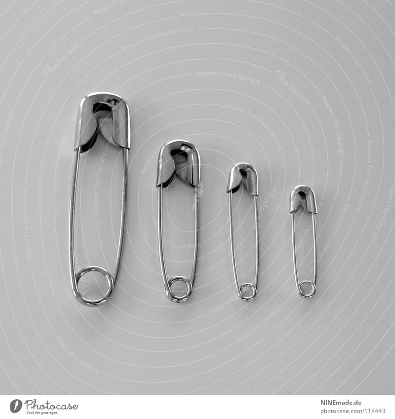 Family photo Safety pin Multiple Dry goods Small Large Glittering White Fat Thin Needle Metal Silver Arrangement Close-up Isolated Image Bright background