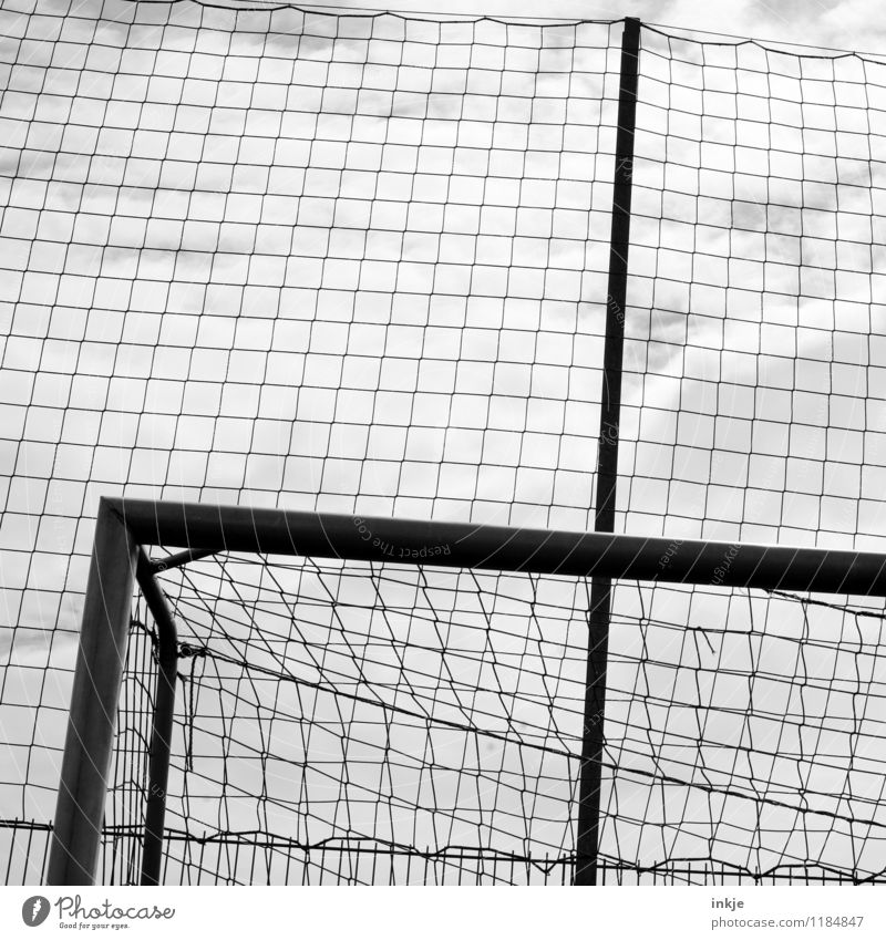 Goal! Leisure and hobbies Sports Soccer Goal Net Football pitch Line Superimposed Dark Grid Black & white photo Exterior shot Close-up Detail Pattern Deserted