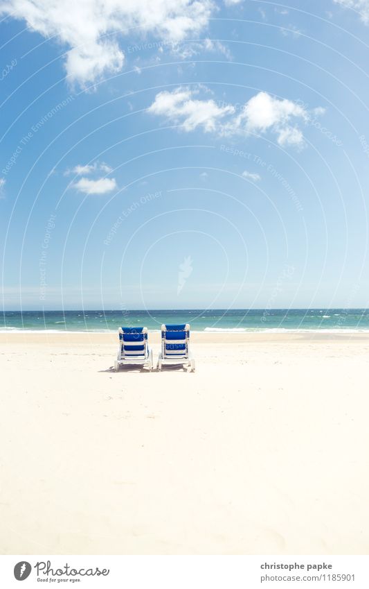 two of us Luxury Vacation & Travel Tourism Summer Summer vacation Sun Sunbathing Beach Ocean Waves Beautiful weather Coast Stand Deckchair Loneliness Deserted
