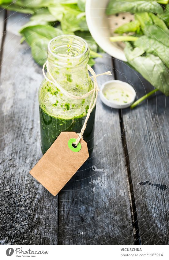 Green smoothie in bottle with label Food Vegetable Lettuce Salad Fruit Nutrition Organic produce Vegetarian diet Diet Beverage Juice Lifestyle Style Design