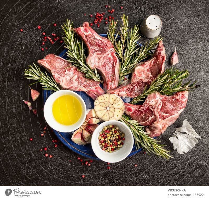 Fresh lamb double chops Food Meat Herbs and spices Cooking oil Nutrition Lunch Dinner Banquet Organic produce Crockery Plate Bowl Style Design Healthy Eating