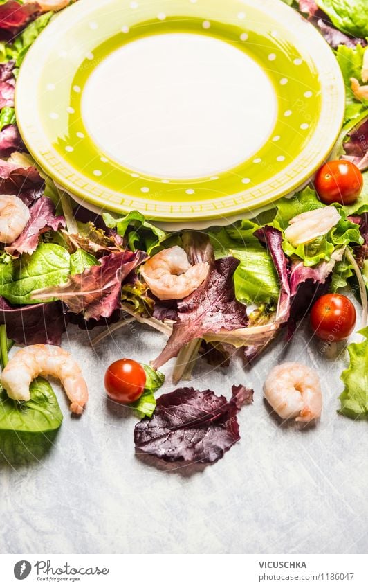 Prepare Shrimps Salad Food Seafood Vegetable Lettuce Nutrition Lunch Banquet Organic produce Vegetarian diet Diet Plate Style Design Healthy Eating Life