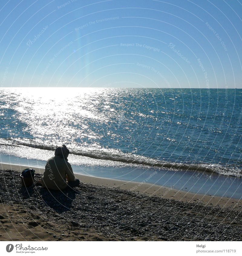 lonely... Loneliness Ocean Beach Lake Sea water Waves Surf Splashing Flow Man Angler Fishing (Angle) Dream Think Testing & Control Sun Light Pebble