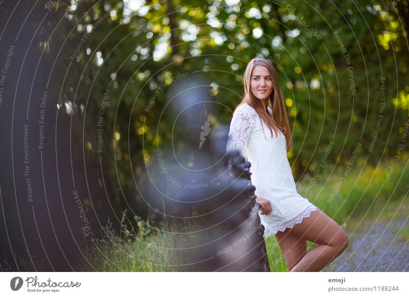 summer Feminine Young woman Youth (Young adults) 1 Human being 18 - 30 years Adults Nature Summer Beautiful weather Park Natural Handrail Colour photo