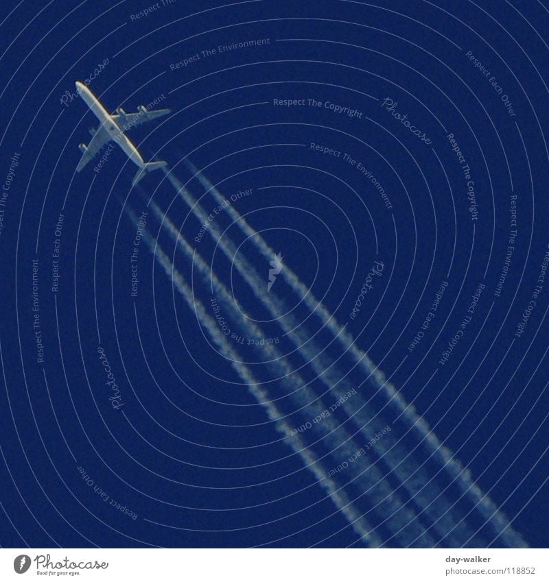 (Wanderlust) Clouds make Airplane Steam Tracks Stripe Direction White Vacation & Travel Zoom effect Aviation Sky Blue Line Wing Passenger plane Free Freedom