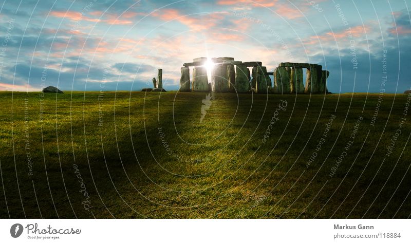 Stonehenge Sunset England Clouds Grass Religion and faith Esotericism Pink Great Britain English Historic Landmark Monument Shadow Lawn Evening Blue Old