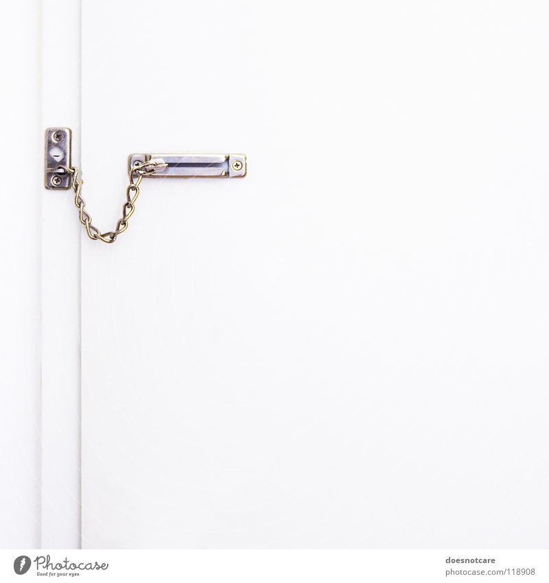 Closed. Door White Safety Protection Fear Dangerous Captured Chain Front door Door lock Colour photo Subdued colour Interior shot Deserted Copy Space right