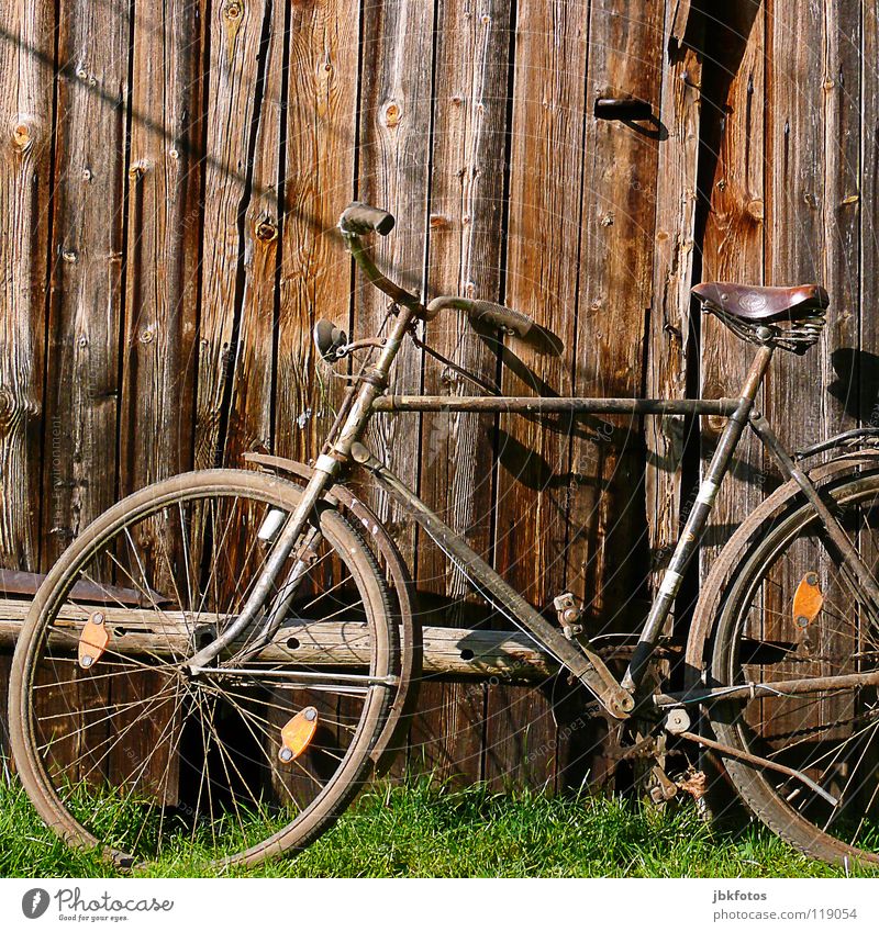 wheel Derelict Scrap metal 2007 Wood Wooden wall Grass Green Brown Art Arts and crafts  Trust Playing Bicycle bike Old fatherland raphael brunken Bicycle saddle
