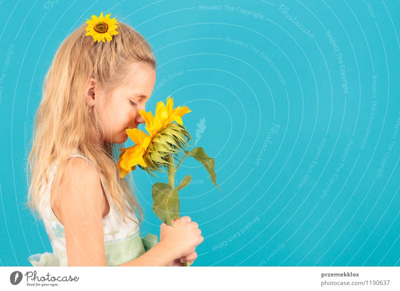 Smell of summer Beautiful Summer Child Girl 8 - 13 years Infancy Blossom Dress Blonde Small Blue Yellow cheerful Horizontal one spring Sunflower young smell