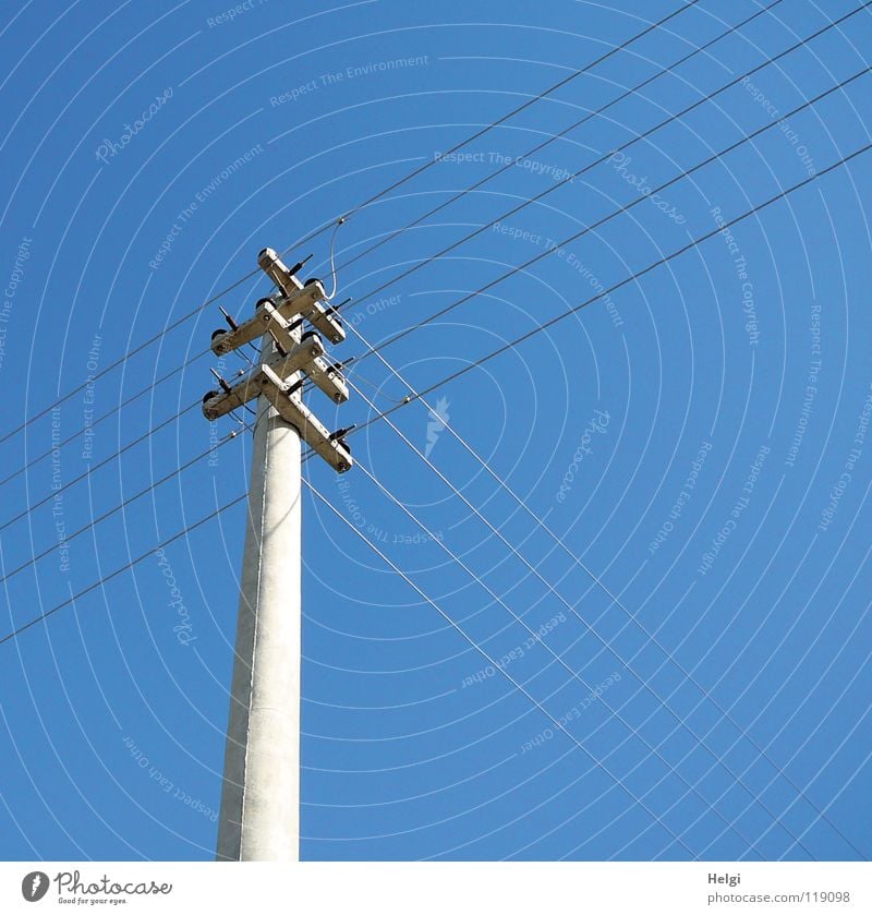 energy crossing Energy industry Electricity Electricity pylon Wire Large Vertical Stand Length Across Long Thin Concrete Connect Gray Cross Electrical equipment