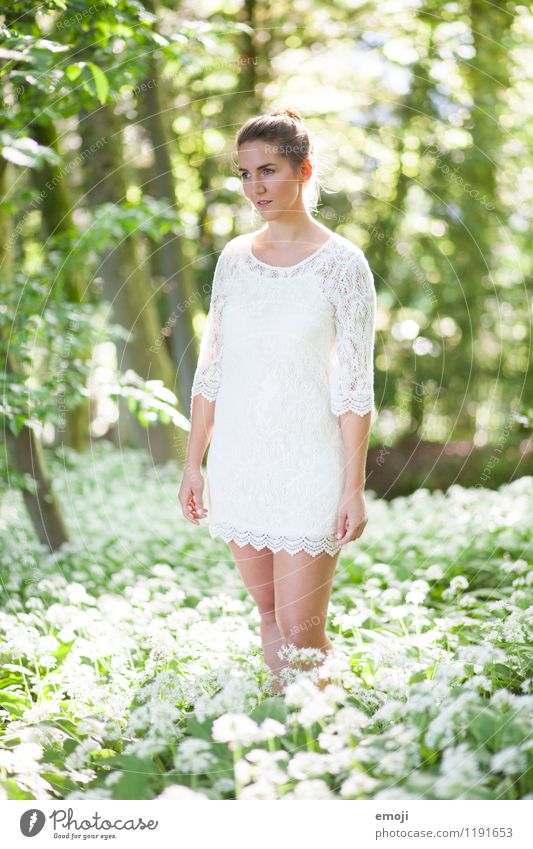 blanches Feminine Young woman Youth (Young adults) 1 Human being 18 - 30 years Adults Environment Nature Summer Beautiful weather Meadow Forest Dress Bright