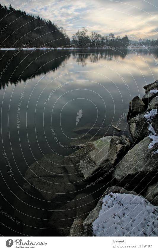 mirrors Surface of water Lake Clouds Tree Forest Cold Winter Flow Reflection Mirror Wide angle Long exposure Calm Relaxation Nature River Brook Water Sky Stone