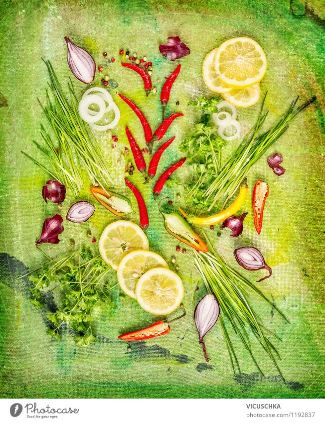 Fresh herbs and spices with lemon slices Food Vegetable Lettuce Salad Herbs and spices Nutrition Organic produce Vegetarian diet Diet Style Design