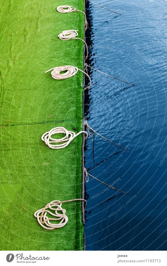 investment opportunity Water Deserted Harbour Navigation Rope Round Blue Green Jetty Artificial lawn Colour photo Exterior shot Day Deep depth of field