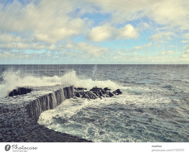 splash Nature Landscape Sky Clouds Horizon Sun Weather Beautiful weather Waves Coast Ocean Wall (barrier) Wall (building) Maritime Wet Blue Gray Colour photo