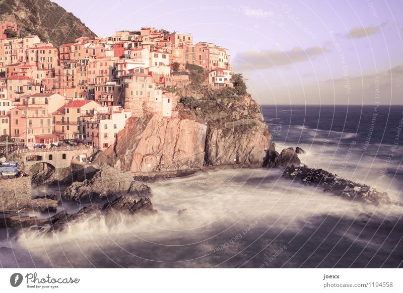sunglasses Water Sky Clouds Horizon Summer Beautiful weather Waves Coast Ocean Manarola Village House (Residential Structure) Facade Old Tall Wild Brown Romance