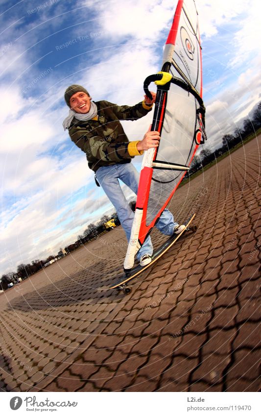 STREET[WIND]SURFER I Skateboarding Windsurfing Man Parking lot Sports Action Cap Luff Clouds Fisheye Extreme Leisure and hobbies Playing Extreme sports Sail