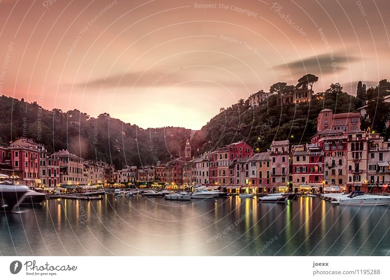 Portofino Sky Clouds Beautiful weather Mountain Bay Fishing village House (Residential Structure) Facade Tourist Attraction Sport boats Yacht Motorboat Old