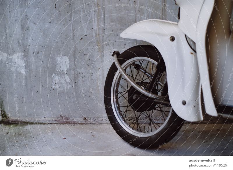 Wheel on is better than wheel off Scooter White Gray Vehicle Wall (building) Concrete Driving Analog Industry hum hum hum Castle Detail Floor covering