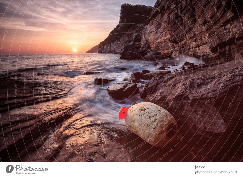 hope Landscape Sky Horizon Sun Sunrise Sunset Sunlight Beautiful weather Rock Waves Coast Ocean Cliff Buoy Stone Plastic Tall Brown Orange Red Calm Hope Come