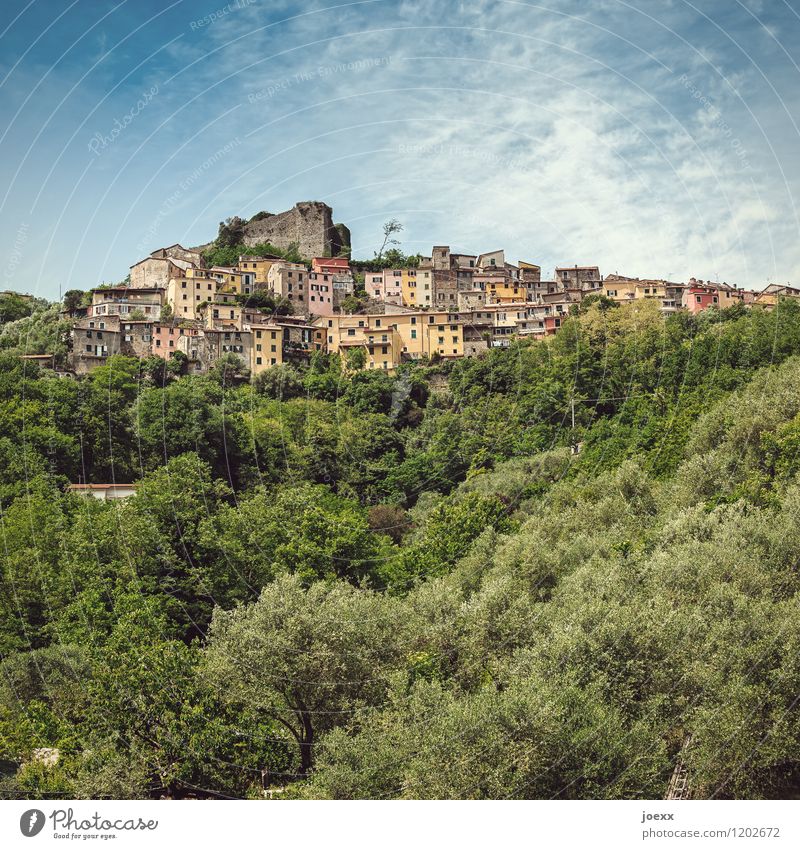 mountain village Sky Clouds Beautiful weather Mountain Trebiano Village House (Residential Structure) Castle Ruin Facade Old Tall Multicoloured Idyll