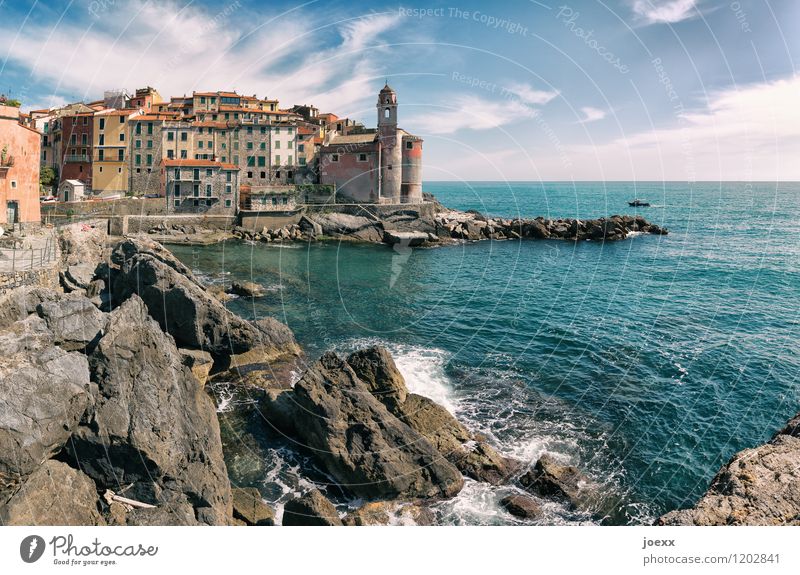 Tellaro Sky Clouds Beautiful weather Rock Waves Coast Village Fishing village House (Residential Structure) Church Wall (barrier) Wall (building)