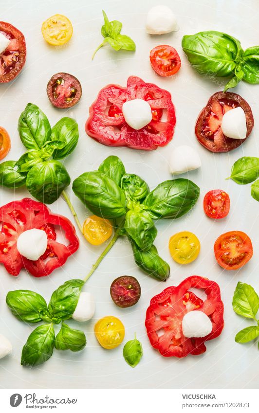 Tomatoes, Mozzarella and Basil Food Cheese Vegetable Lettuce Salad Herbs and spices Nutrition Lunch Organic produce Vegetarian diet Diet Italian Food Style
