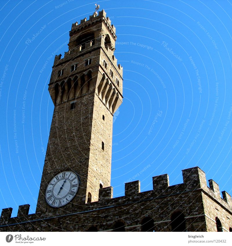 Palazzo Vecchio, Florence (Italy) Colour photo Exterior shot Deserted Copy Space right Worm's-eye view Clock Sky Europe City hall Tower Tourist Attraction
