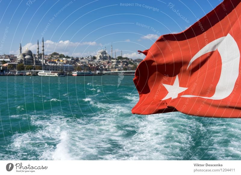 View of Istanbul from the ferry with a flag in the wind Vacation & Travel Tourism Summer Ocean Culture Landscape Wind Town Skyline Building Architecture Ferry