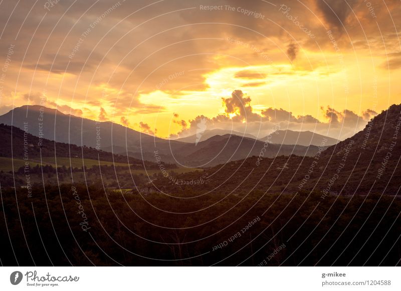 Sunset in the mountains on Corsica Nature Landscape Sky Clouds Sunrise Sunlight Summer Mountain Far-off places Free Large Infinity Beautiful Warmth Gold