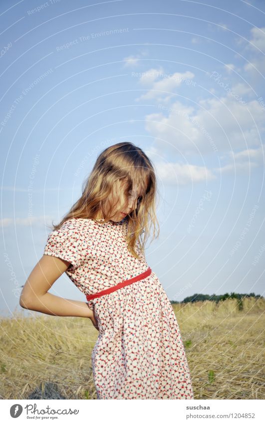 It was once in summer. Child Girl Face Arm Hand Hair and hairstyles Dress Exterior shot Field Sky Nature Landscape Summer Gesture Actor Dramatic art Talented