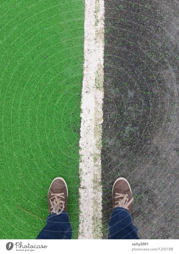 walk beside the grain... Feet 1 Human being Sidewalk Jeans Footwear Sneakers Going Stand Green White Colour Perspective Symmetry Balance Lane markings Line