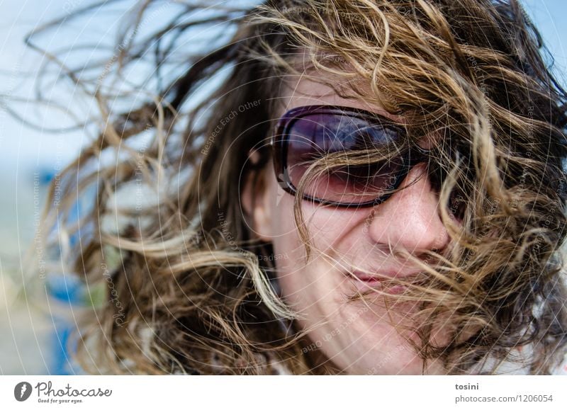 Woman with sunglasses and windblown hair on her face Human being Feminine Young woman Youth (Young adults) Adults Head Hair and hairstyles Face 1 Climate
