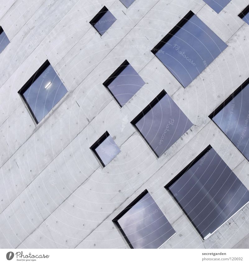 square, practical, good. Design House (Residential Structure) Building Concrete Square Window Vantage point Graphic Room Style Sense of taste Cold Reflection
