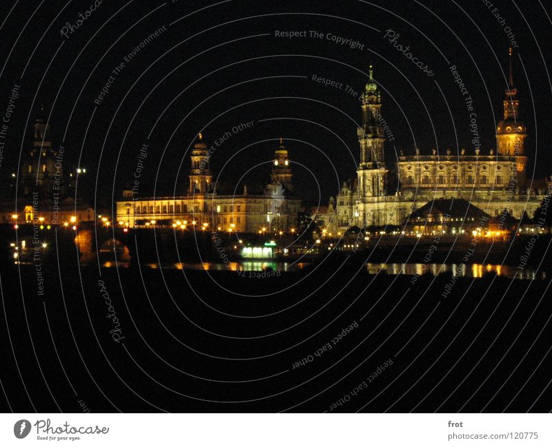 Dresden's Old Town Beautiful Art Night Dark Hofkirche Brühlsche Terrasse Calm Longing Panorama (View) Long exposure Old town Frauenkirche Elbe Large Illuminate